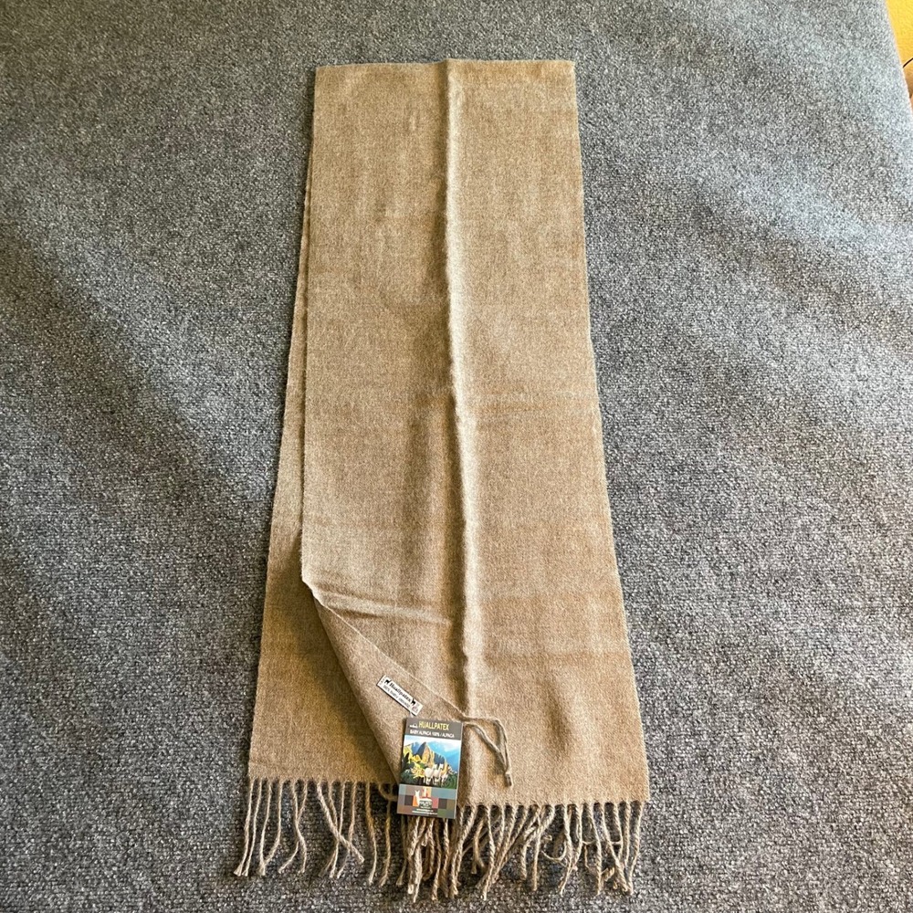 Huallpatex 100% Baby Alpaca Scarf Tan Taupe Fringed Winter Wrap Made in Peru NWT